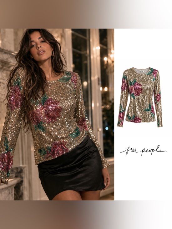 Free People Tops - NEW Free People Gold Rush long sleeve top in a champagne floral sequin